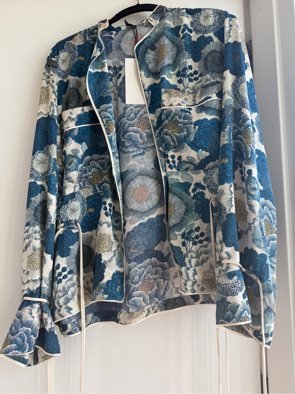 Floral Blue & Cream satin PJ style top
